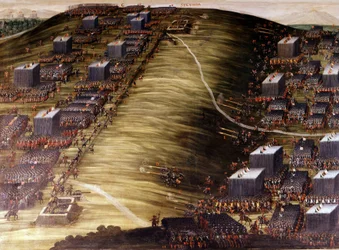 Slaget ved Det hvite fjell (tretti års krig) 8. november 1620 mellom tsjekkerne og de habsburgske keiserlige armeene. Oljemaling. Roma, sakristiet til kirken for den hellige seiersordfører.