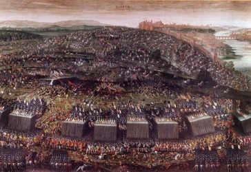 Slaget ved Det hvite fjellet under trettiårskrigen (Tyskland 1620), som stilte Böhmen under Fredrik V mot Den hellige liga. Oljemaleri. Roma, kirken Santa Maria della Vittoria.