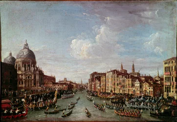 Bucentaurus (Bucentoro) til San Nicolo a Venezia Dette er sannsynligvis Doge Alvise IV Mocenigo (1763-1778) under Kristi himmelfartsfeiringen. Anonymt maleri fra 1700-tallet. Venezia, Correr-museet