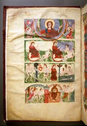 Skapelsen av Adam og Eva, arvesynden og deres utvisning fra paradiset. Frontispice av manuskript fra det 11. eller 12. århundre. (Ms.1273) Roma, Biblioteca Angelica