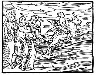 Djevelen i skikkelse av en flygende geitebukk, som bærer en heks til sabbaten, illustrasjon fra Compendium Maleficarum av Francesco Maria Guazzo, 1608