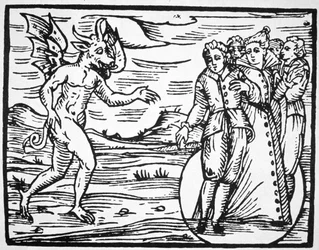 The Evocation of the Devil, kopi av en illustrasjon fra Compendium Maleticarum av Fr M Guaccius, Milano 1608, brukt i en magihistorie, utgitt sent på 1800-tallet