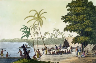 Havnen i Anamooka, plate 82 fra Le Costume Ancien et Moderne, av Jules Ferrario, utgitt ca. 1820-30-tallet