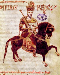 The King of the Francs Pepin the Brief (715-768) Manuskriptside (ms. 4) "" Codex Legum Longobardorum" (eller Langobardorum) som beskriver lovene i det langobardiske riket etablert av kong Rothari