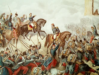 Piemonteserne og franskmennene i slaget ved San Martino i 1859 (fargegravering)