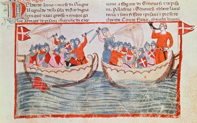 Slaget ved Meloria, miniatyr fra New Chronicles av Giovanni Villani, Italia 14. århundre.
