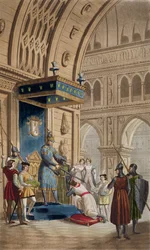Opprettelsen av en tempelridder, fra et manuskript av Romance of Lancelot of the Lake, publisert ca. 1820-30