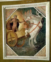 Hallen på nivå med Nymphaeum, detalj av hvelvdekorasjonen som viser Zevs som stiger ned fra Olympus i sin vogn, muligens henrettet av Bartolomeo Ammannati (1511-92) (fresco)