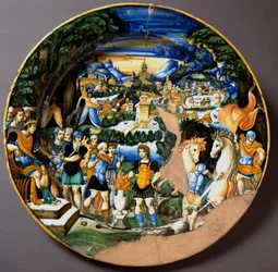 Helten Gaius Mucius Scaevola overfor den etruskiske kongen Porsenna. Keramikktallerken fra Fontana-verkstedet i Urbino, Italia. Omkring 1560. Museo Nazionale del Bargello, Firenze
