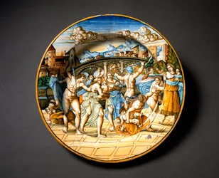 Barnemordet i Betlehem. Keramikktallerken fra Fontana-verkstedet i Urbino, Italia. Omkring 1566. Museo Nazionale del Bargello, Firenze