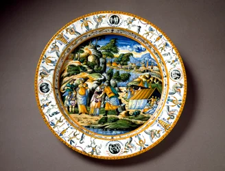 Møtet mellom Aron og Moses. Keramikktallerken fra Fontana-verkstedet i Urbino, Italia. Omkring 1550. Museo Nazionale del Bargello, Firenze