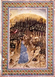 Poeten Dante befinner seg i en mørk skog. Den opplyste siden av den første helvetesangen er hentet fra "Divina Commedia" (Divine Comedy) av Dante Alighieri (1265-1321). Manuskript Ms. Conv. Soppr. 204