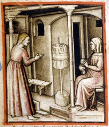Spinning av ull på 1300-tallet. Miniatyr fra kodeks 212 (eller padovano-kodeks eller Bible of Padua) 1390-1400 Rovigo, Accademia dei Concordi