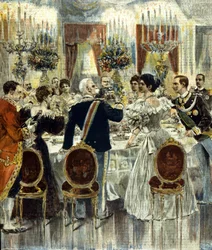Bryllupsbanketten for brudeparet Viktor Emanuel 3. (Victor-Emmanuel) (Vittorio Emanuele) og Helene av Montenegro holdes i Quirinalpalasset, Roma. 1896.
