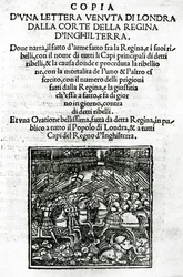 Tittelside for en kopi av et brev sendt fra domstolen til dronningen av England (tresnitt og boktrykk)