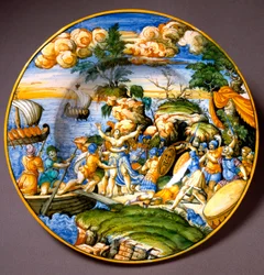 Trojanerkrigen: bortføringen av Helena. Keramisk fat fra Urbino, Italia. Omkring 1550. Museo Nazionale del Bargello, Firenze, Italia
