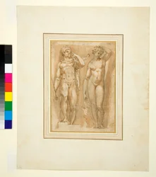 To antikke guder, ca. 1600 (penn og brunt blekk og brun vask)