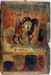 To skatteinspektører. Biccherna (omslag til byen Sienas regnskapsbok). Statsarkivet - Museo delle Tavolette di Biccherna, Siena. Sent 1300-tall - tidlig 1400-tall.