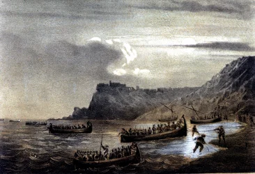 Unite of Italy: ekspedisjon av de tusen eller røde skjortene ledet av Giuseppe Garibaldi (1807-1882). Avgangen til den første flåten av Garibaldians mot Calabria ved Fort Stella. Litografi fra 1800-tallet