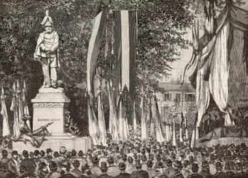 Avduking av monumentet til general Giacomo Medici, Milano, Italia, gravering fra tegning av Edoardo Ximenes fra fotografiet Rossi, fra L'Illustration Italiana, nr. 24, 15. juni