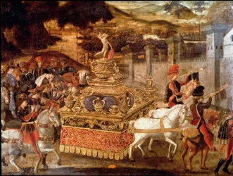 Seier av Lucius Aemilius Paullus eller Paul Emile den makedonske (ca. 230-160 f.Kr.) over Persee kongen av makedonsk Detalj av prosesjonen og triumfvognen. Maleri av den florentinske skolen på 1400-tallet. Paris, Musée Jacquemart Andre