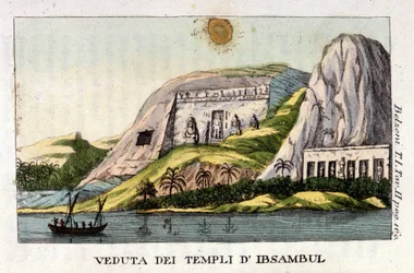 Utsikt over Abu Simbel-tempelet. Forfatteren Giovanni Battista (Gianbattista) Belzoni (1778-1823), er en italiensk oppdagelsesreisende og arkeolog, har gjort viktige arkeologiske funn i Egypt. Gravering - i "" Viaggio in Egitto e in Nubia"" av Belzoni, Mil