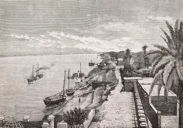 Utsikt over Khartoum langs Blue Nile, Sudan, gravering av Cairoli fra fotografi av Buchta, fra L'Illustration Italiana, nr. 51, 21. desember