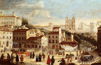 Utsikt over Piazza di Spagna (Piazza di Spagna), med kirken Trinita dei Monti (Trinite des Monts) i Roma (Utsikt over Spania-plassen og Saint Trinity-kirken i Roma) Maleri av den romerske skolen - 1600-tallet (maleri)