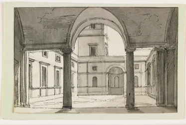 Utsikt over en italiensk søylegang og gårdsplass, tidlig på 1800-tallet (penn og brunt blekk og grå vask over svart kritt)