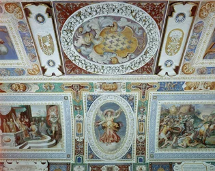 Utsikt over Sala dei Fasti Farnese (Hall of the Splendors of the Farnese) utviklet av Onofrio Panvinio og fresker av Taddeo (1529-66) og Federico Zuccaro (1540-1609) 1557-83 (detalj)