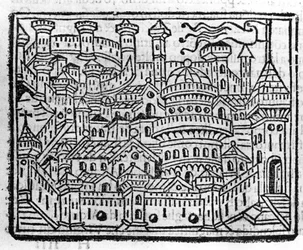 Utsikt over byen Aosta i Italia. Gravering i "" Supplement til krønikene "" av Fra Jacopo Filippo Foresti, Venezia