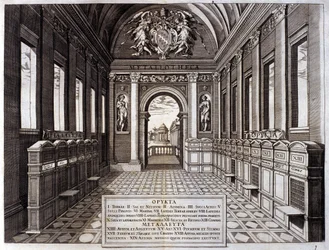 Utsikt over museet til Michele Mercati (1541-1595), forvalter av Vatikanets botaniske hage. Gravering fra "" Metallotheca..." Roma 1717 - 1719