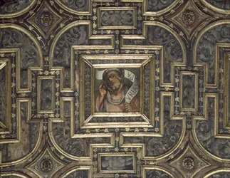 Utsikt over paneltaket med malte paneler av Pier Maria Pennacchi (1464-1514/15) (tre)