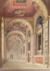 Utsikt over andre etasje Loggia ved Vatikanet, med dekor av Raphael, fra Delle Loggie di Rafaele nel Vaticano, utgitt som et løst blad i utgaven av 1814 (håndfarget gravering)