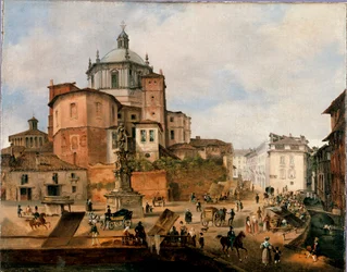 Utsikt over torget Vetra og apsis til basilikaen San Lorenzo Anonym maleri. Slutten av 1800-tallet. Milano, Milano museum