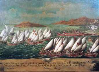 War of Candia (Kreta): den venetianske flåten under kampanjen ledet av Doge Francesco Morosini mot tyrkerne i 1659 Maleri av den venetianske skolen. 1600-tallet - Venezia, Correr-museet
