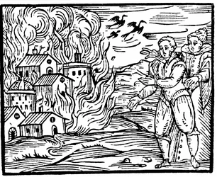 Hekser som ødelegger et hus ved brann, Swabia i 1533, illustrasjon fra Compendium Maleficarum av Francesco Maria Guazzo, 1608