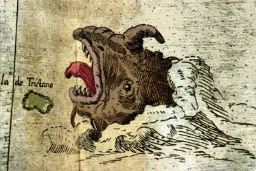 representasjon av et marint monster nær Tristan da Cunha-skjærgården. Detalj av Atlas of Urbano Monte