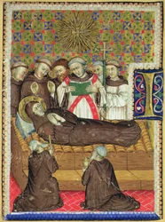 Historikert initial B som viser en fransiskansk helgen på dødsleie