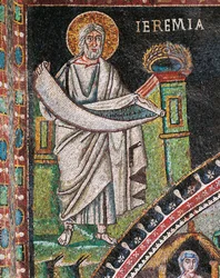 Profeten Jeremiah, mosaikk, venstre for lunette, nordlige vegg av prestegården, basilikaen San Vitale (UNESCOs verdensarvliste