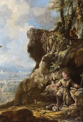 Sankt Frans i ekstase ved et fjellutspring, et landskap bortenfor (olje på kobber)