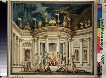 Musenes triumf. Prosjekt av teppet for den musikalske prologen av Alexander Alyabyev (1787-1851) og Alexis Verstsovsky (1799-1863). (Triumph of Muses. Gardindesign for musikkprologen av A.Alyabyev og A.Verstovsky). Antikvistisk dekor med Apollo,