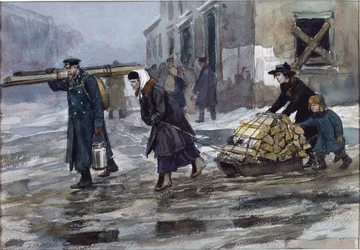 En familie av en ingeniør som drar hjem litt drivstoff av Vladimirov, Ivan Alexeyevich (1869-1947). Akvarell, Gouache på papir