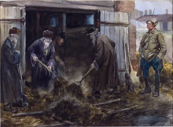 En gruppe russiske prester ble tvunget til å rydde brakkestallene av Vladimirov, Ivan Aleksijevitsj (1869-1947). Akvarell, Gouache på papir