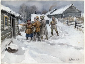 Avant la perquisition et la saisie - Før ransaking og beslagleggelse (fra serien med akvareller russiske revolusjonen) - Vladimirov, Ivan Alexeyevich (1869-1947) - 1920 - Akvarell på papir - 25,6x34,3 - Privat samling