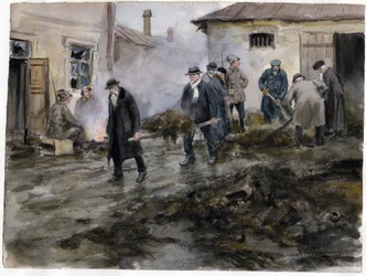 Bourgeois nettoyant une etable - Borgerskapet renser stallen (fra serien av akvareller russiske revolusjonen) - Vladimirov, Ivan Alexeyevich (1869-1947) - 1920 - Akvarell på papir - 25,8x34,4 - Privat samling
