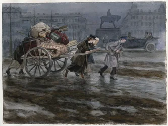 Famille demenageant ses affaires dans une charrette a bras - Familie flytter eiendelene sine på vogn (fra serien av akvareller russiske revolusjonen) - Vladimirov, Ivan Alexeyevich (1869-1947) - 1917-1918 - Akvarell på papir - 25,9x34,3 - Private Collec