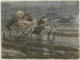 Familien flytter eiendelene sine på vogn fra serien med akvareller russisk revolusjon, 1917-1918