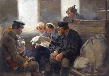 Gruppe bolsjeviker på et tog av Vladimirov, Ivan Alexeyevich (1869-1947). Olje på tre