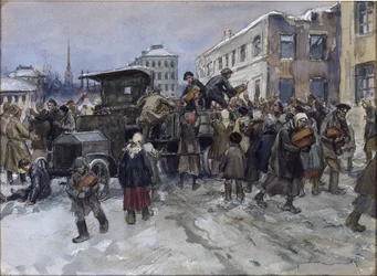 Sultne arbeidere i Petrograd ranet brød fra en militær lastebil av Vladimirov, Ivan Alexeyevich (1869-1947). Akvarell, Gouache på papir